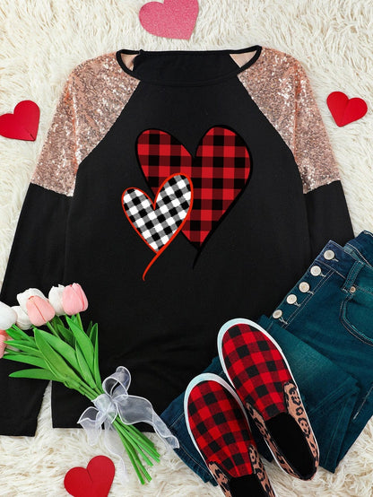 Heartfelt Black Plaid Sequin Patchwork Long Sleeve Top