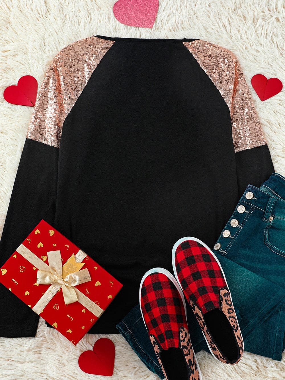 Heartfelt Black Plaid Sequin Patchwork Long Sleeve Top