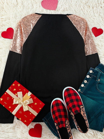 Heartfelt Black Plaid Sequin Patchwork Long Sleeve Top