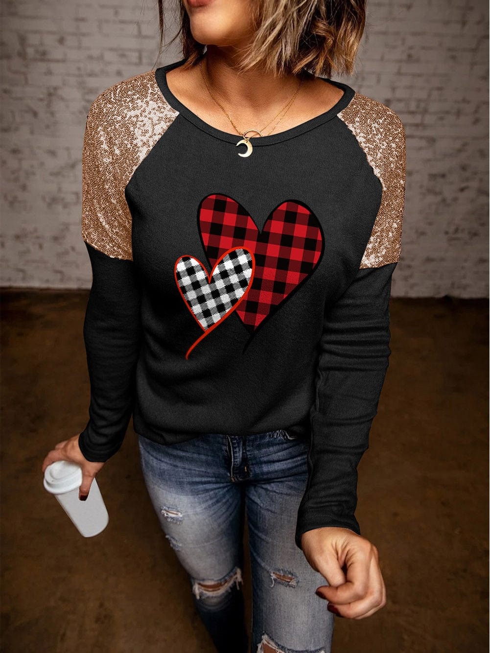 Heartfelt Black Plaid Sequin Patchwork Long Sleeve Top