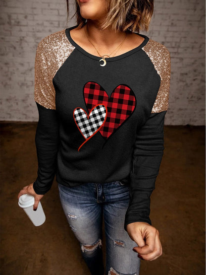Heartfelt Black Plaid Sequin Patchwork Long Sleeve Top