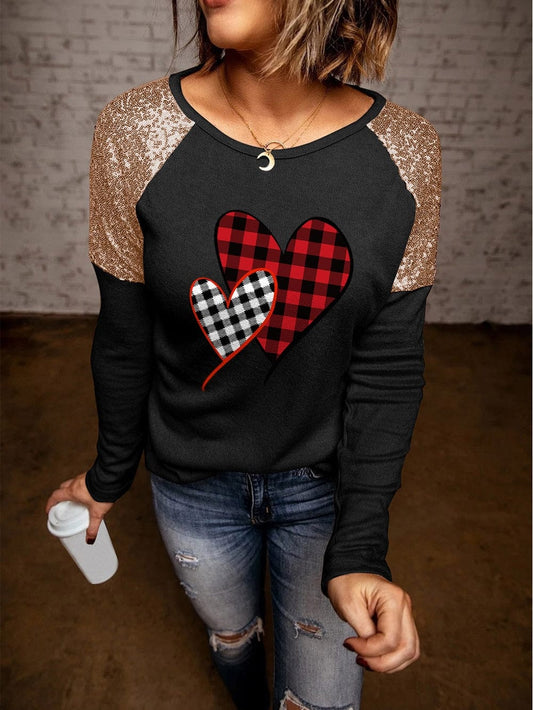 Heartfelt Black Plaid Sequin Patchwork Long Sleeve Top