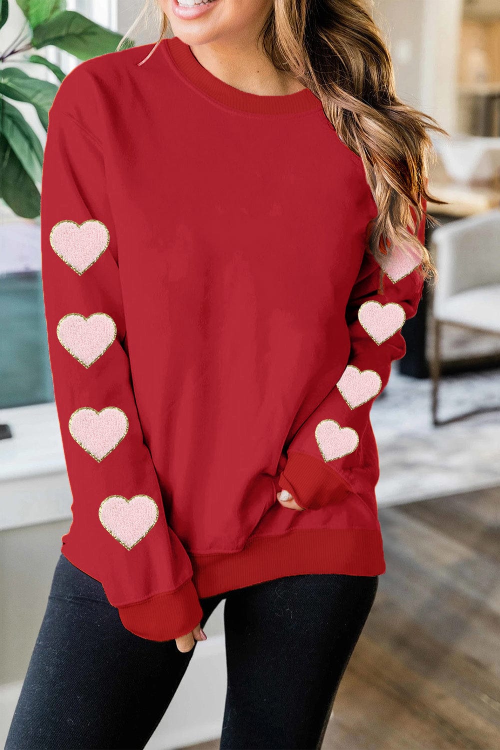 Heartfelt Red Chenille Glitter Sweatshirt with O-neck
