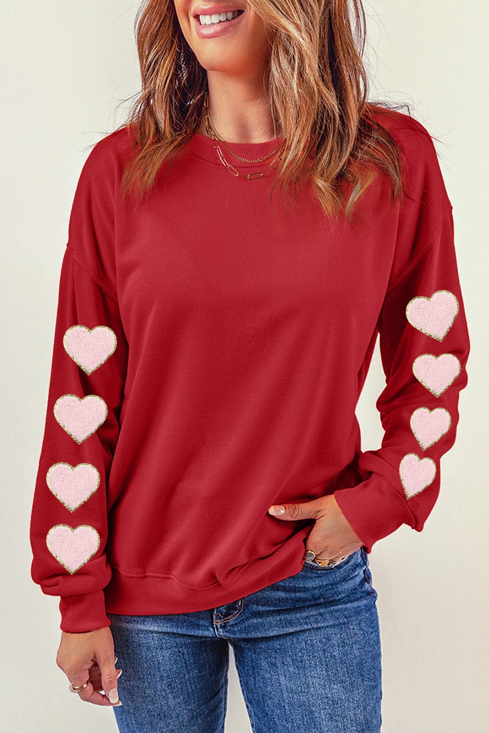 Heartfelt Red Chenille Glitter Sweatshirt with O-neck