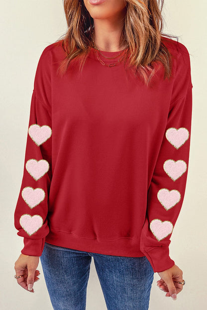 Heartfelt Red Chenille Glitter Sweatshirt with O-neck