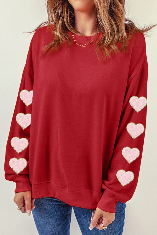Heartfelt Red Chenille Glitter Sweatshirt with O-neck