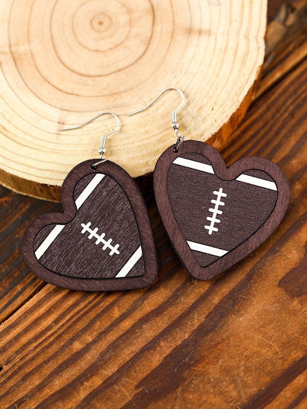 Heartfelt Rugby Print Wooden Earrings with Dark Brown Contrast Edge