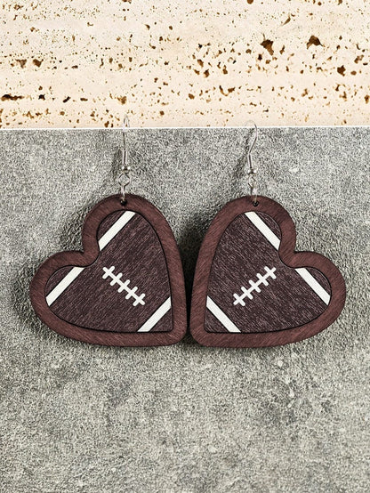 Heartfelt Rugby Print Wooden Earrings with Dark Brown Contrast Edge