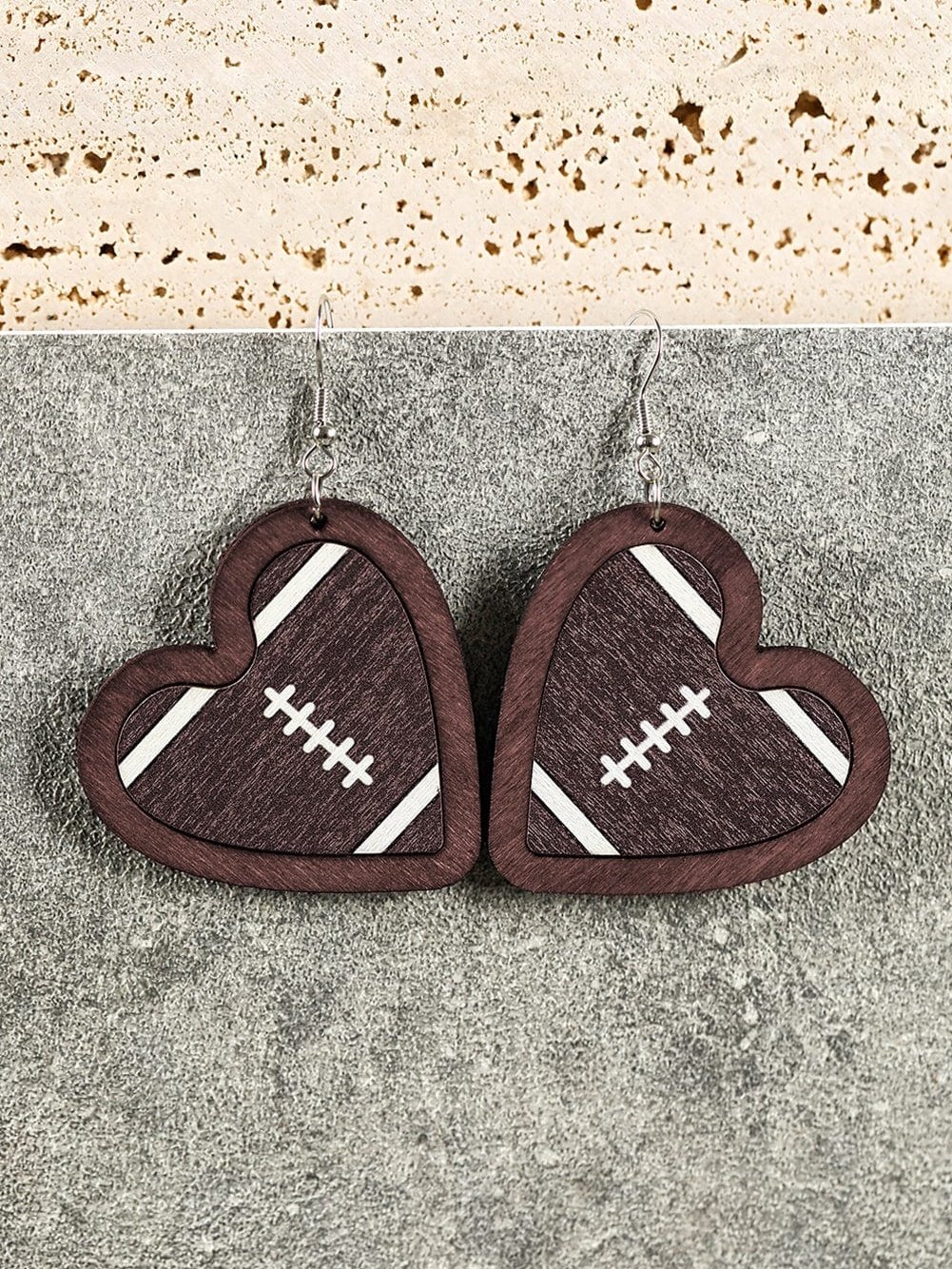 Heartfelt Rugby Print Wooden Earrings with Dark Brown Contrast Edge