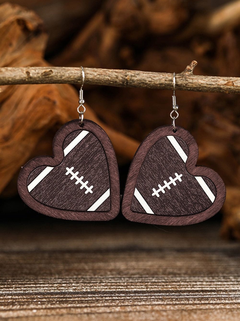 Heartfelt Rugby Print Wooden Earrings with Dark Brown Contrast Edge