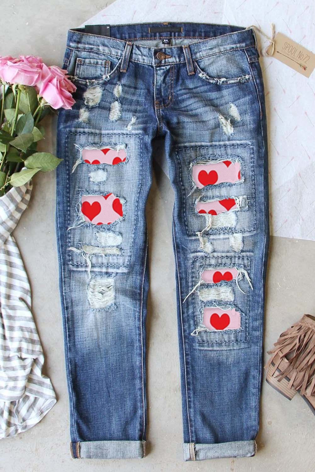 Heartfelt Sky Blue Patchwork Jeans for Valentine's Day
