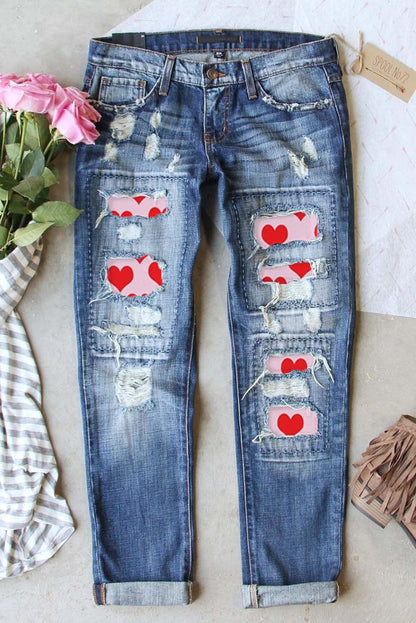 Heartfelt Sky Blue Patchwork Jeans for Valentine's Day