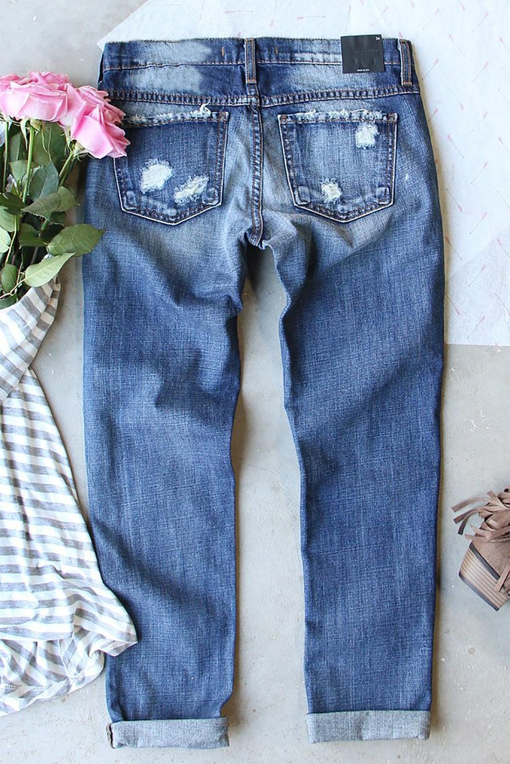 Heartfelt Sky Blue Patchwork Jeans with Distressed Details