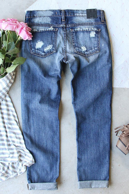 Heartfelt Sky Blue Patchwork Jeans with Distressed Details