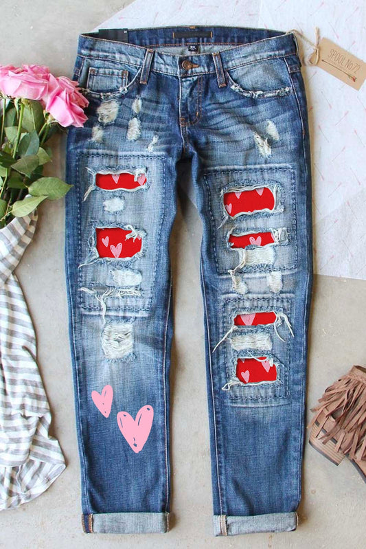Heartfelt Sky Blue Patchwork Jeans with Distressed Details