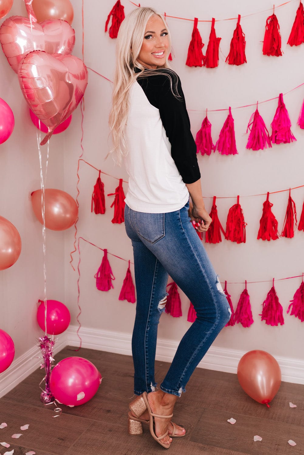 Heartwarming XOXO Patchwork Long Sleeve Tee with Color-Contrasted Sleeves