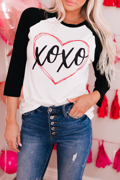 Heartwarming XOXO Patchwork Long Sleeve Tee with Color-Contrasted Sleeves