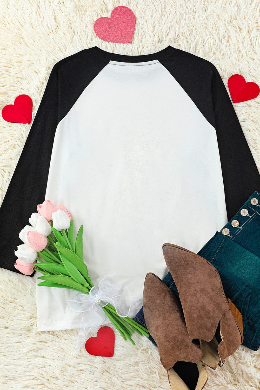 Heartwarming XOXO Patchwork Long Sleeve Tee with Color-Contrasted Sleeves