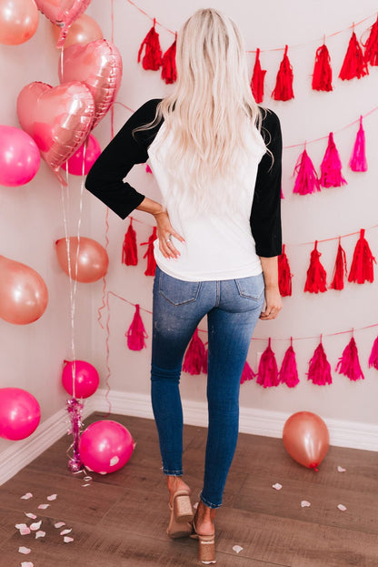 Heartwarming XOXO Patchwork Long Sleeve Tee with Color-Contrasted Sleeves