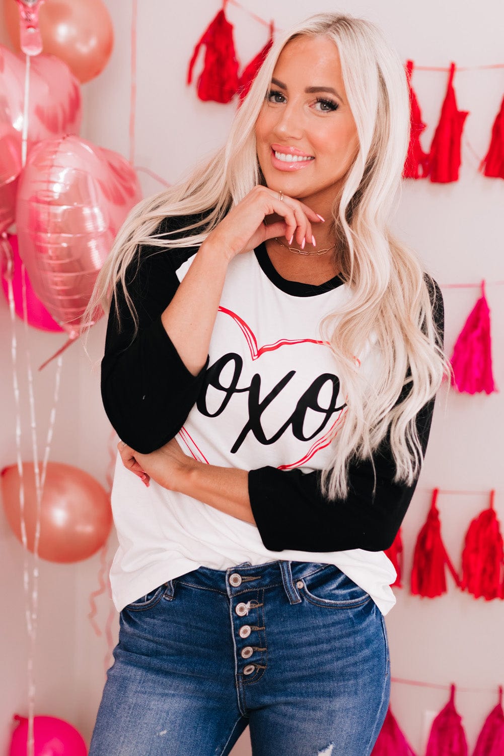 Heartwarming XOXO Patchwork Long Sleeve Tee with Color-Contrasted Sleeves