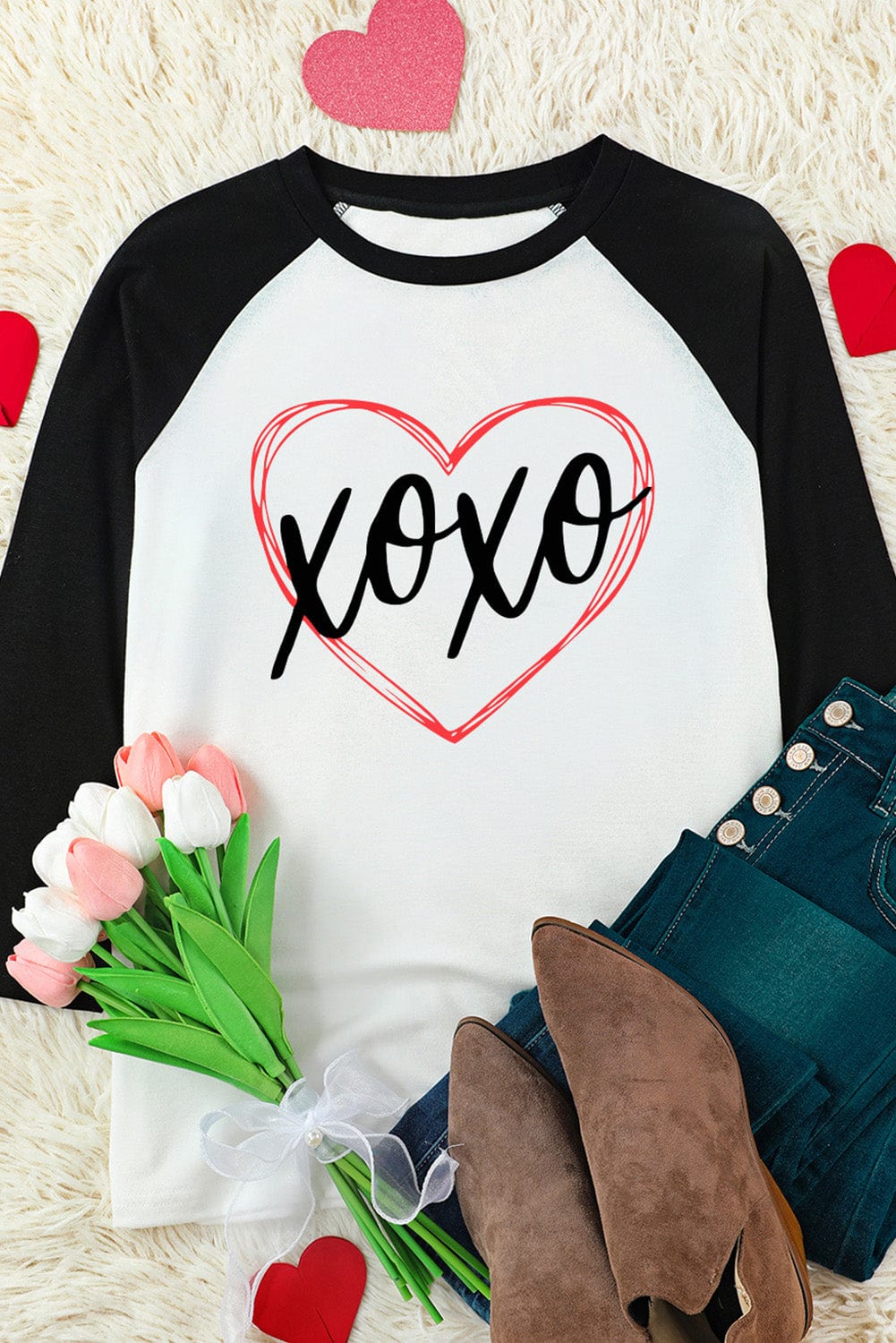Heartwarming XOXO Patchwork Long Sleeve Tee with Color-Contrasted Sleeves