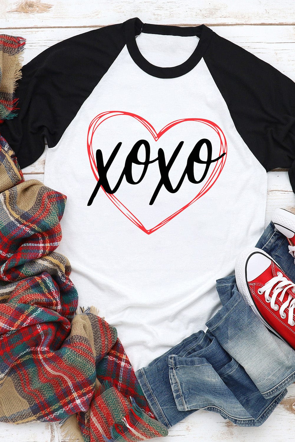 Heartwarming XOXO Patchwork Long Sleeve Tee with Color-Contrasted Sleeves
