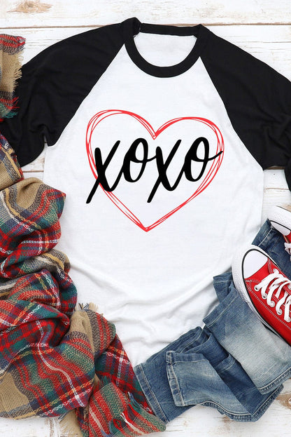 Heartwarming XOXO Patchwork Long Sleeve Tee with Color-Contrasted Sleeves