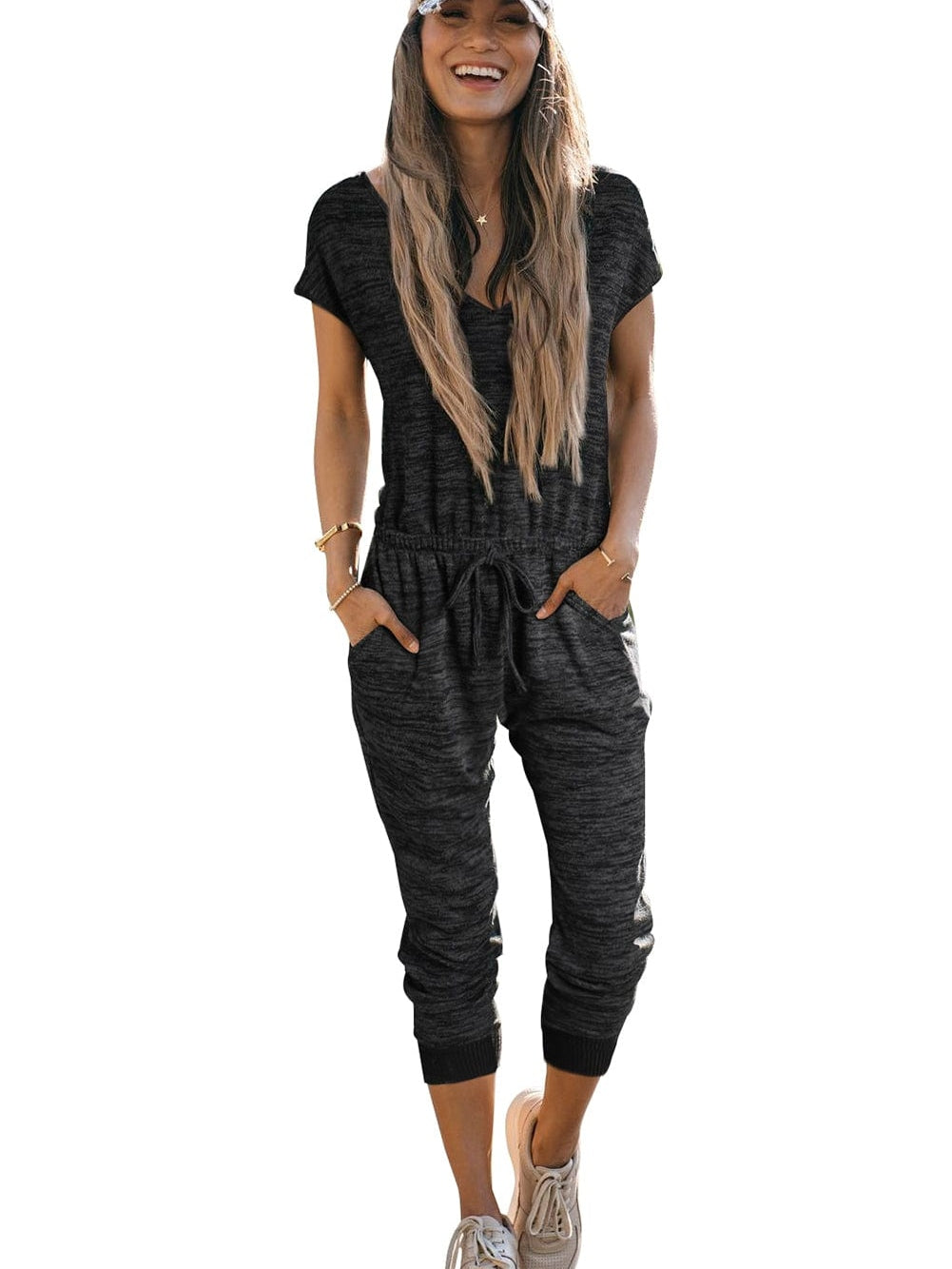 Heather Black V-Neck Drawstring Waist Jumpsuit