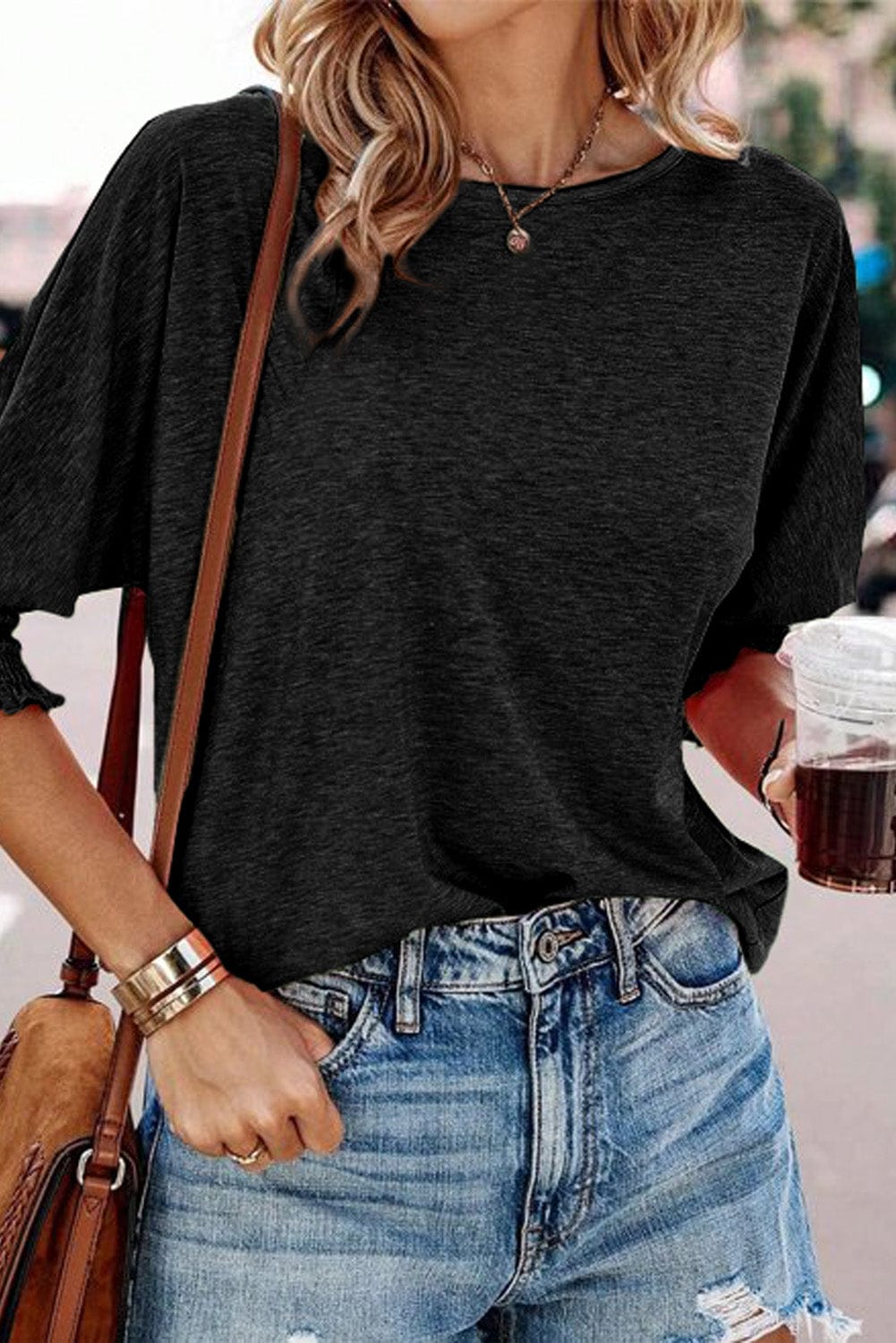 Heathered Black Smocked 3/4 Sleeve Casual Loose Top