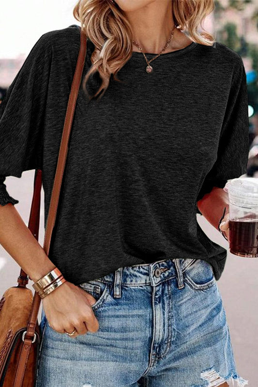 Heathered Black Smocked 3/4 Sleeve Casual Loose Top