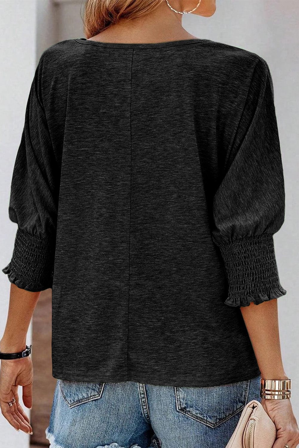 Heathered Black Smocked 3/4 Sleeve Casual Loose Top
