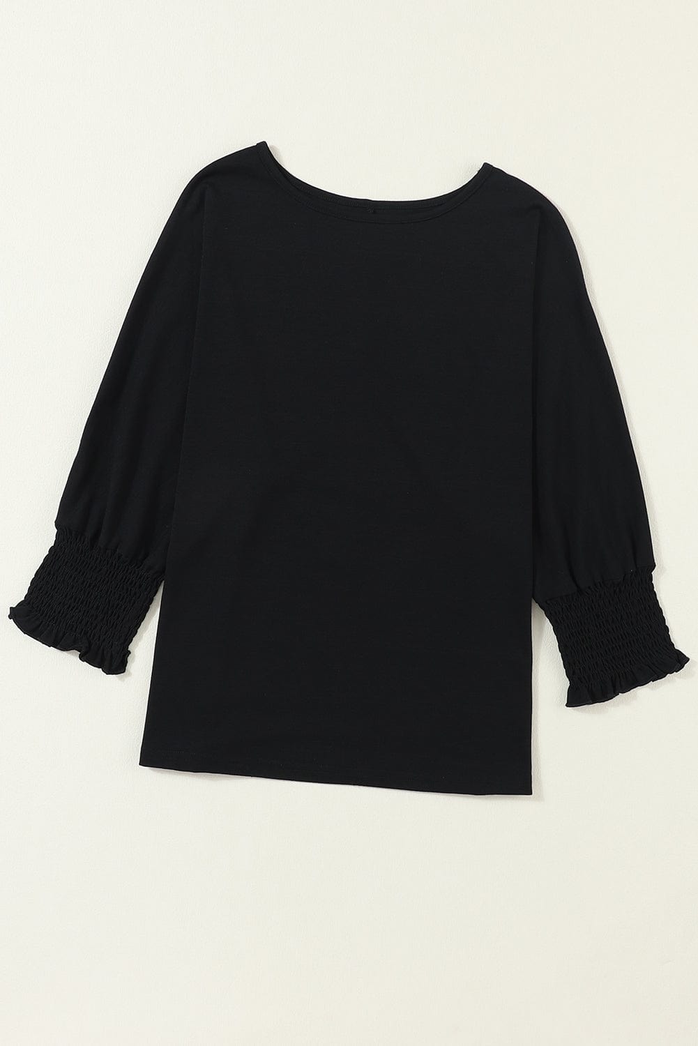 Heathered Black Smocked 3/4 Sleeve Casual Loose Top