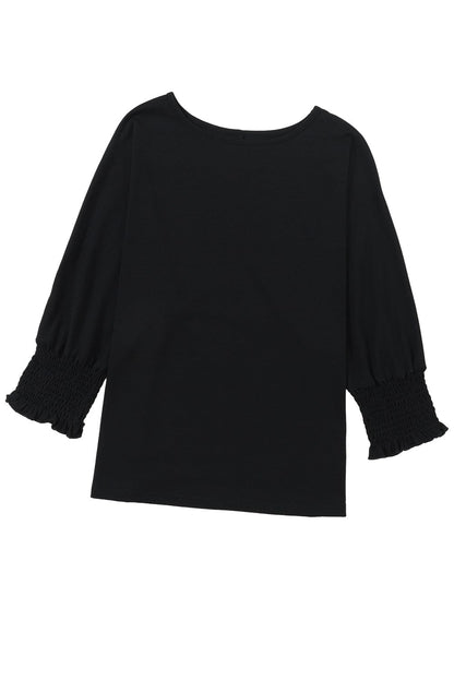 Heathered Black Smocked 3/4 Sleeve Casual Loose Top