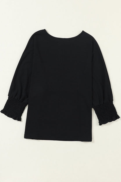 Heathered Black Smocked 3/4 Sleeve Casual Loose Top