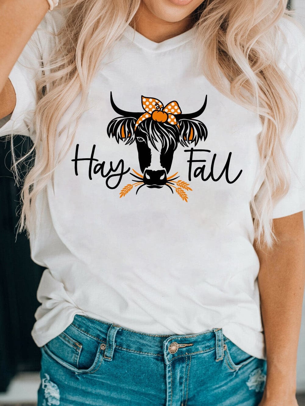 Heifer Print White Graphic Tee with "Hay Fall" Design