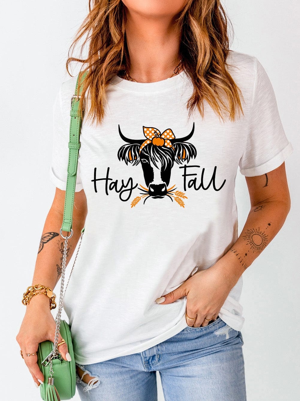 Heifer Print White Graphic Tee with "Hay Fall" Design