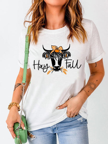 Heifer Print White Graphic Tee with "Hay Fall" Design