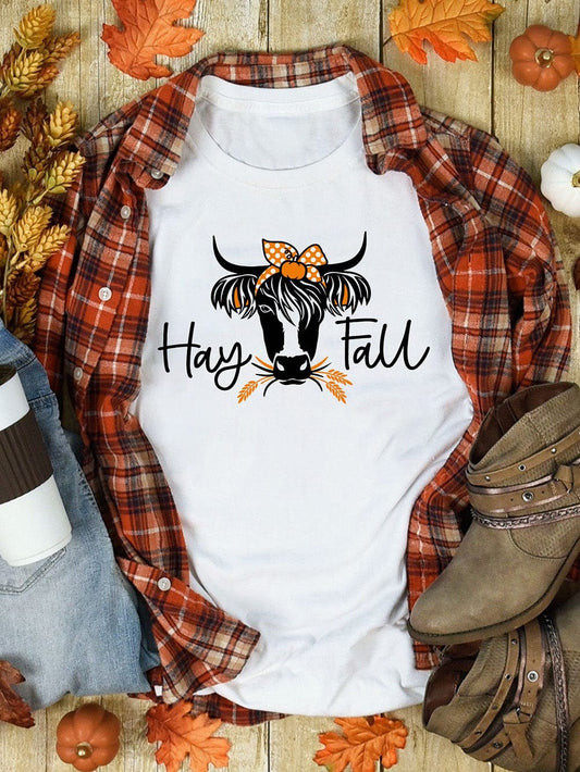Heifer Print White Graphic Tee with "Hay Fall" Design