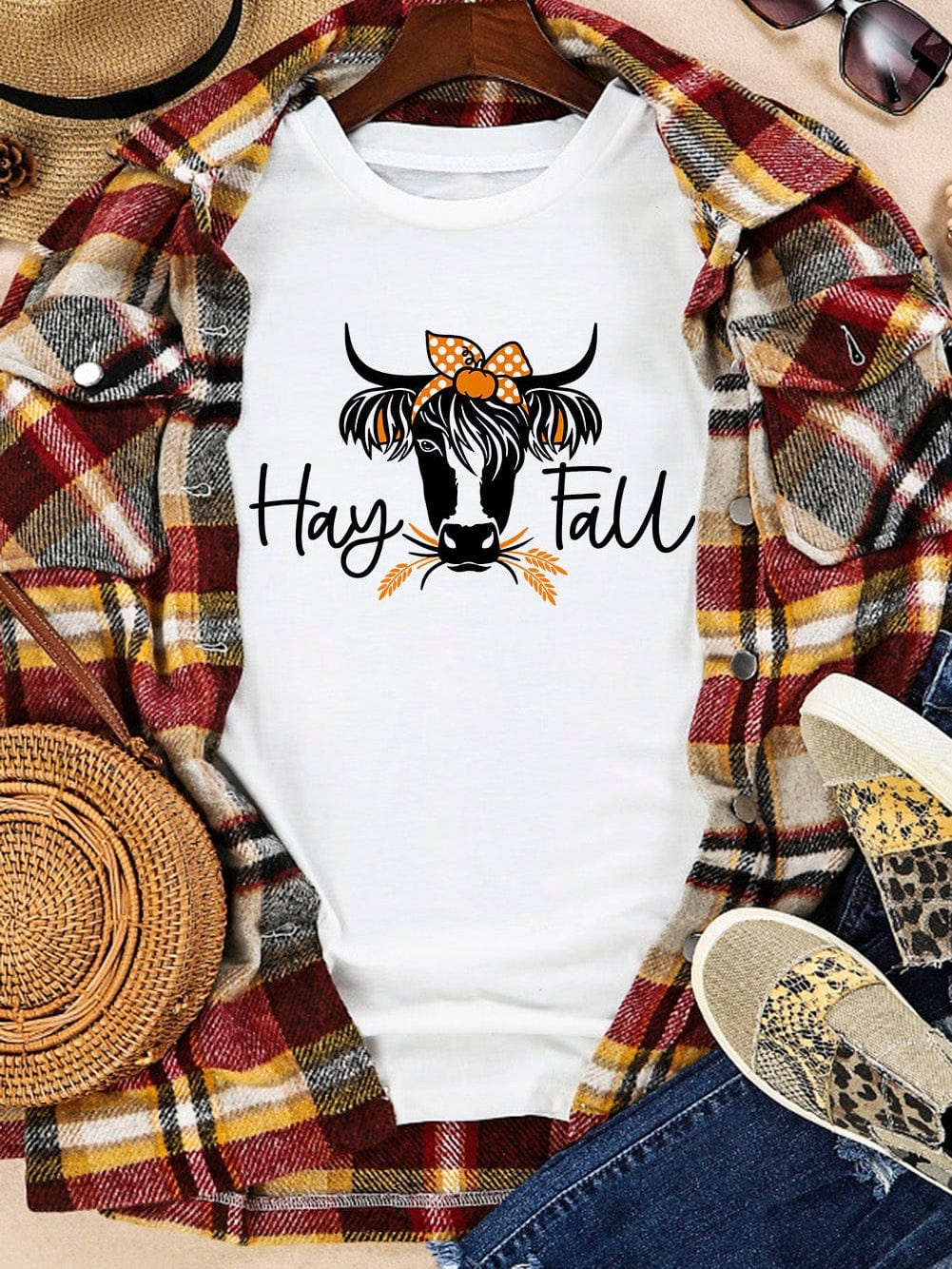 Heifer Print White Graphic Tee with "Hay Fall" Design