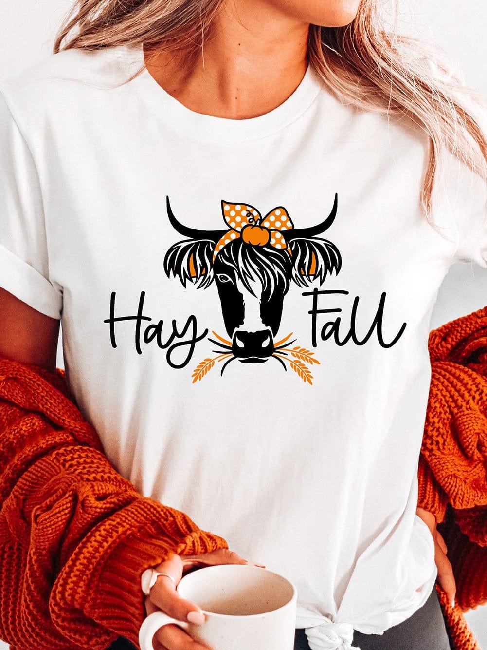 Heifer Print White Graphic Tee with "Hay Fall" Design