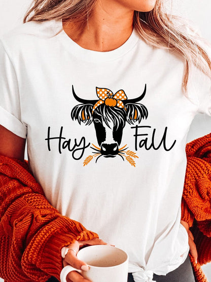 Heifer Print White Graphic Tee with "Hay Fall" Design