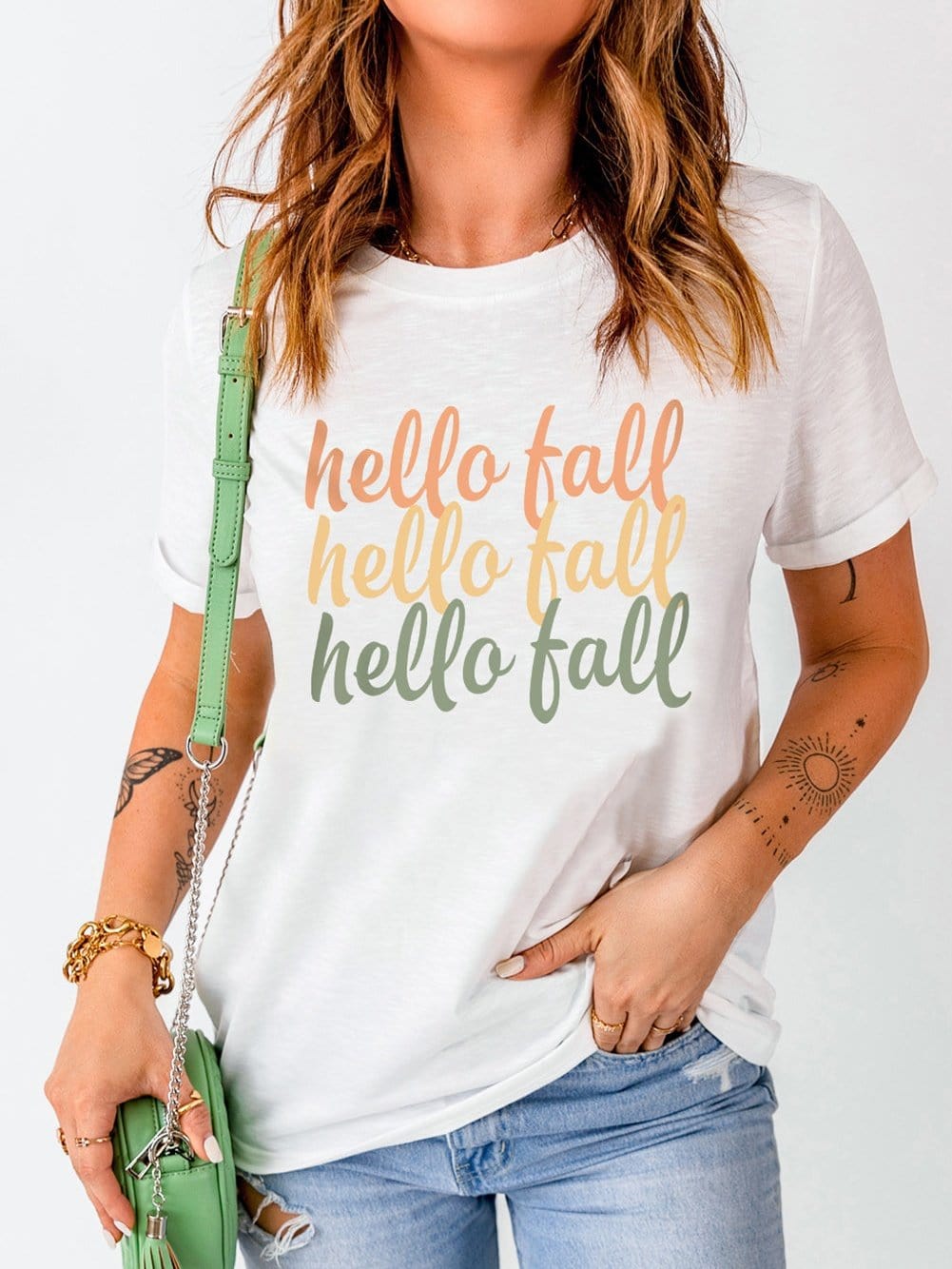 Hello Fall Orange Graphic Print White Casual Tee