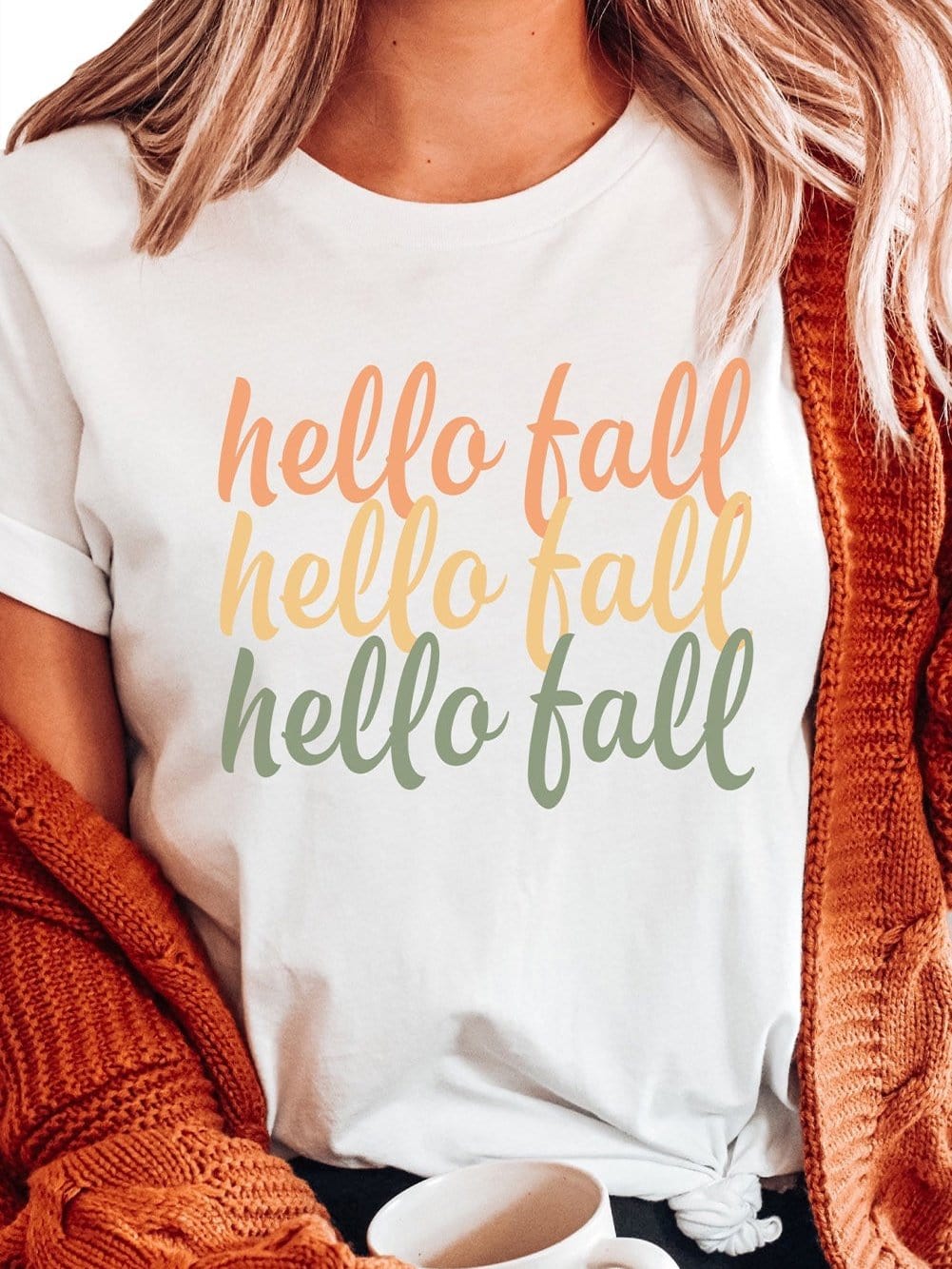 Hello Fall Orange Graphic Print White Casual Tee