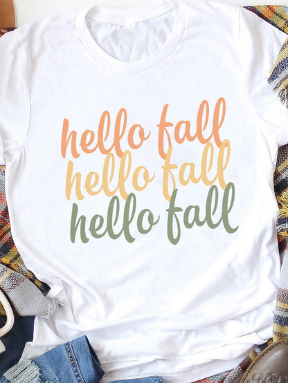 Hello Fall Orange Graphic Print White Casual Tee