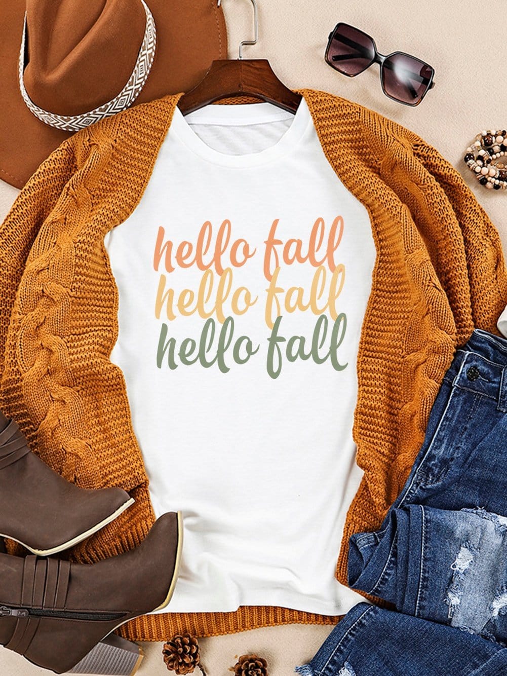 Hello Fall Orange Graphic Print White Casual Tee