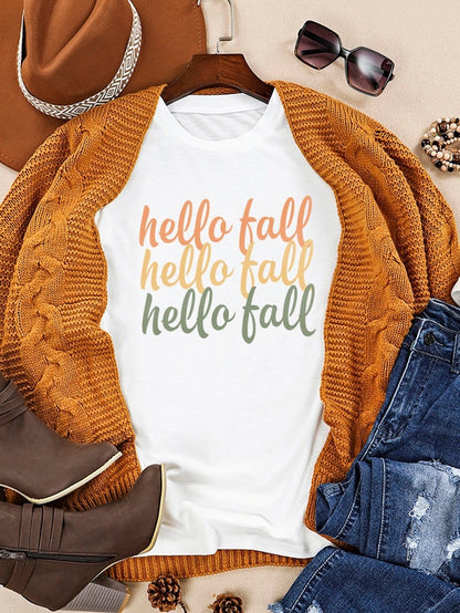 Hello Fall Orange Graphic Print White Casual Tee