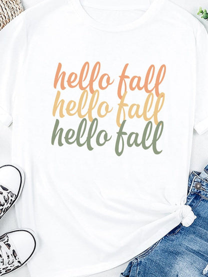Hello Fall Orange Graphic Print White Casual Tee