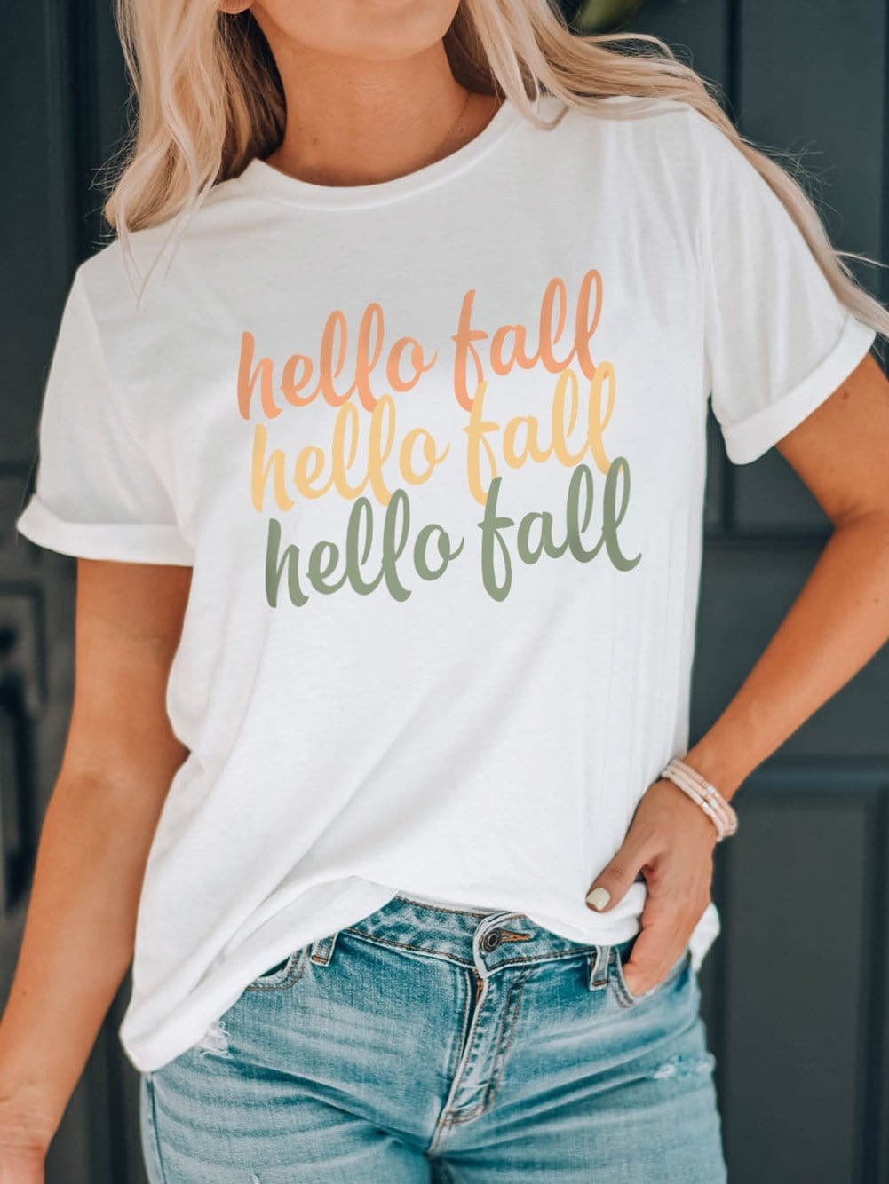 Hello Fall Orange Graphic Print White Casual Tee
