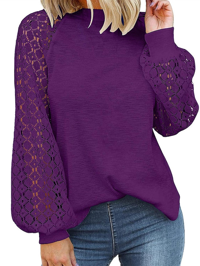 Women's Pullover Sweater Jumper Crew Neck Ribbed Knit Polyester Patchwork Summer Fall Outdoor Daily Going out Stylish Casual Soft Long Sleeve Solid Color Black Pink Navy Blue S M L