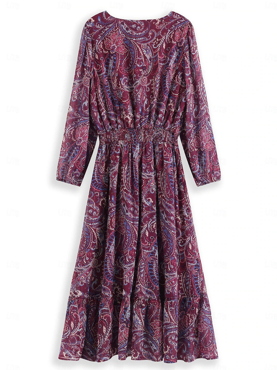 Women's Paisley Metallic Crinkle Chiffon Elastic Waist Midi Dress